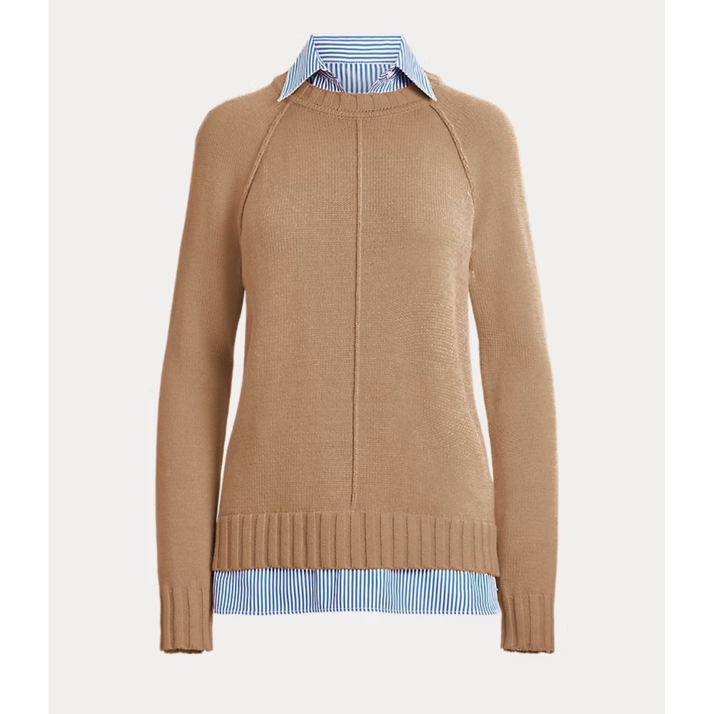 Lauren Ralph Lauren Layered Knit Sweater Camel Blue Striped Faux Collar Size XL
